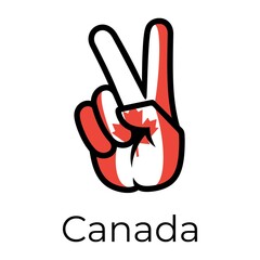 Canada flag in the form of a peace sign. Gesture V victory sign, patriotic sign, icon for apps, websites, T-shirts, souvenirs, etc., isolated on white background