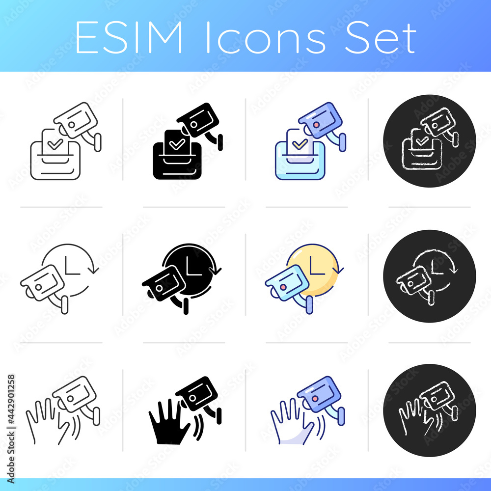 Aufkleber surveillance camera usage icons set. election observation. 24 hour monitoring. detecting human movem