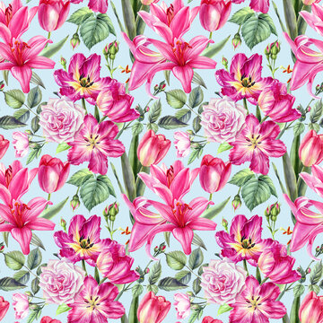 Floral background, flowers anemones, tulips, daffodils, roses watercolor illustration, seamless pattern