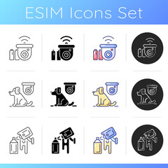 Surveillance system icons set. Wireless outdoor security camera. Monitoring cats, dogs safety. Avoiding graffiti damage. Linear, black and RGB color styles. Isolated vector illustrations
