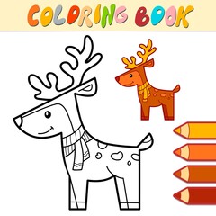 Coloring book or page for kids. Christmas deer black and white