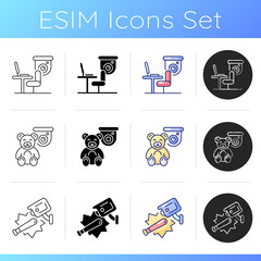 Family and property protection icons set. Workers productivity improvement. Keeping kids safely. Decreasing violent acts. Linear, black and RGB color styles. Isolated vector illustrations