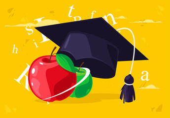 Vector illustration of red and green apples with a classic academic student's cap with silhouettes of letters on the background