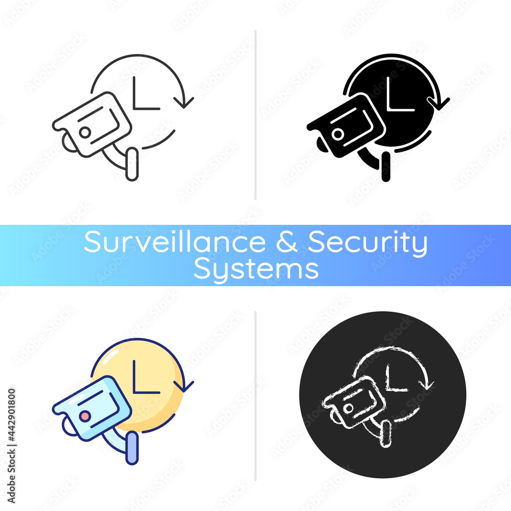 Poster 24 7 protection with security video system icon. 24 hour monitoring. constant camera recording durin