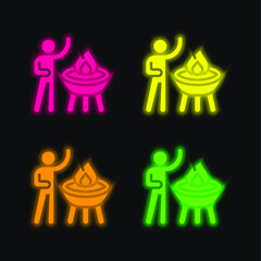 Fototapeta na wymiar Barbecue four color glowing neon vector icon