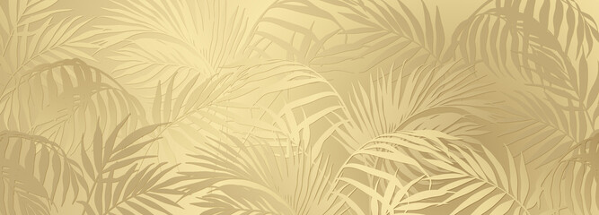 Gold floral pattern. Abstract  background with tropical plant leaves. Vector illustrations in yellow colors for advertising, wallpaper, wedding design,  cards, invitations, banners, flyers, posters
