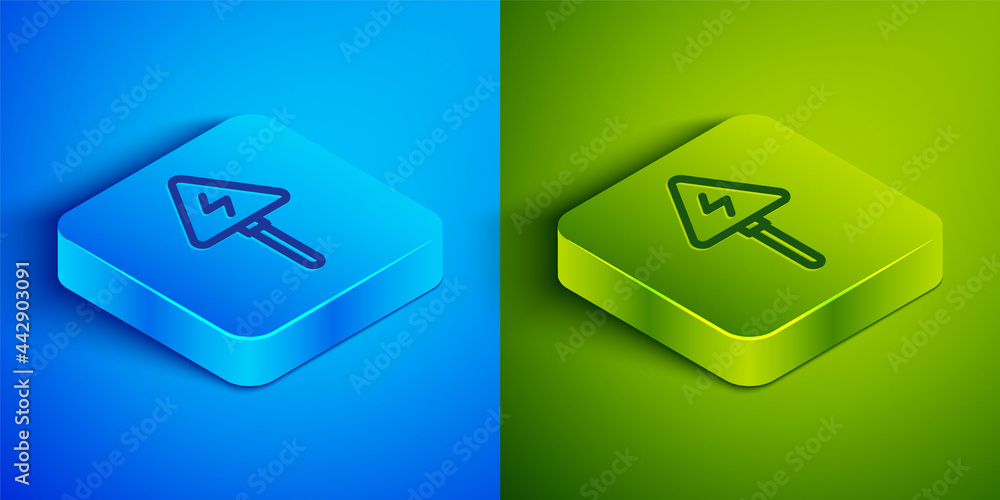 Poster isometric line high voltage sign icon isolated on blue and green background. danger symbol. arrow in