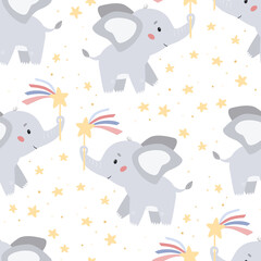 Obraz na płótnie Canvas Childish seamless pattern with cute cartoon elephants and magic wand. Wallpaper for nursery. Kawaii character. Vector illustration.