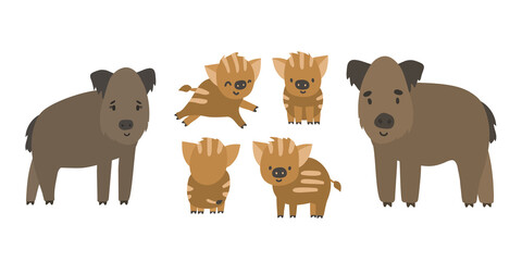 Cute forest boar and piglets family. Vector cartoon isolated hand drawn set of animals, illustration on white background © essskina