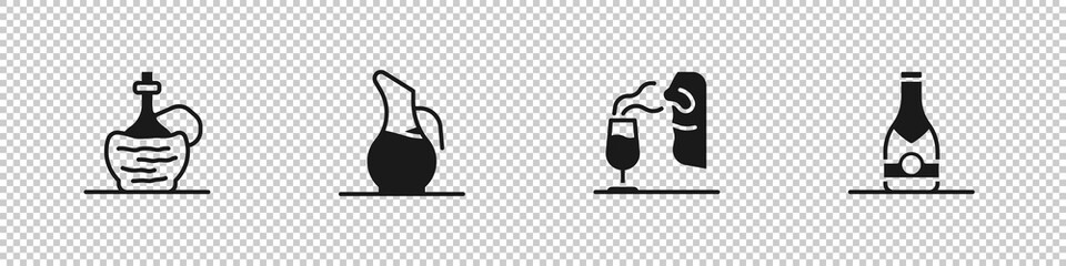 Set Wine in italian fiasco bottle, Decanter for wine, Sommelier and Champagne icon. Vector