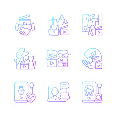 Video content gradient linear vector icons set. Business to business service. Entertainment content. Thin line contour symbols bundle. Isolated vector outline illustrations collection