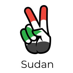 Sudan flag in the form of a peace sign. Gesture V victory sign, patriotic sign, icon for apps, websites, T-shirts, souvenirs, etc., isolated on white background