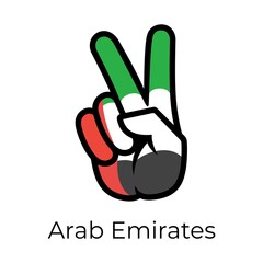 Arab Emirates flag in the form of a peace sign. Gesture V victory sign, patriotic sign, icon for apps, websites, T-shirts, souvenirs, etc., isolated on white background
