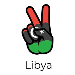 Libya  flag in the form of a peace sign. Gesture V victory sign, patriotic sign, icon for apps, websites, T-shirts, souvenirs, etc., isolated on white background