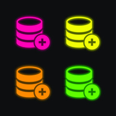 Add Database Button For Interface four color glowing neon vector icon