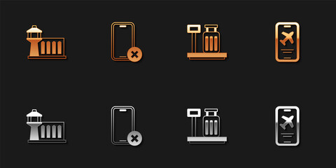 Set Airport control tower, No cell phone, Scale with suitcase and Mobile ticket icon. Vector