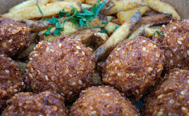 Falafel and french fries, close up