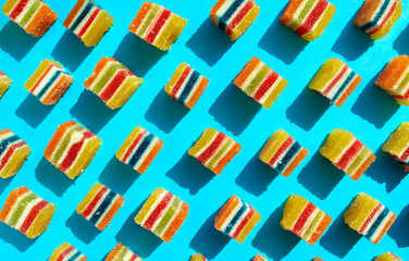 Colorful square jelly candies pattern on a bright blue background. Yellow, pink, red, orange, white, green square shaped marmalade pattern.