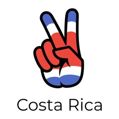 Costa Rica flag in the form of a peace sign. Gesture V victory sign, patriotic sign, icon for apps, websites, T-shirts, souvenirs, etc., isolated on white background