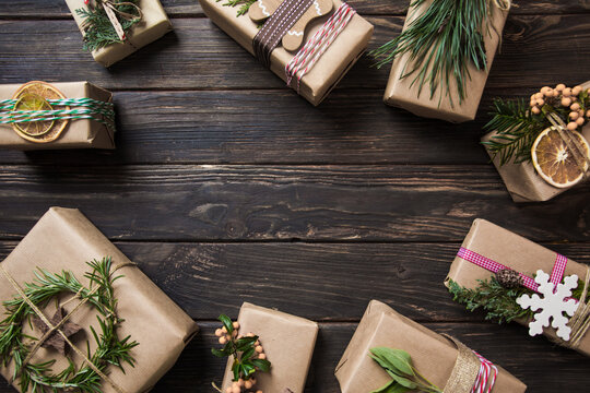 The wonderful Christmas presents wrapped in kraft paper with copy space