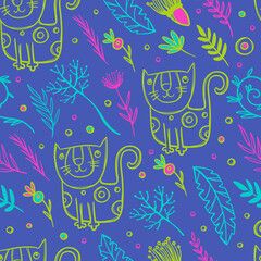 CAT PATTERN Cute Kitten Dreams Among Flowers Multicolored Herbs And Branches Cartoon Hand Drawn Abstract Seamless Background Vector Illustration For Print
