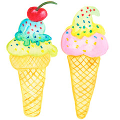 Watercolor ice cream clip art set .Summer Dessert. with berries, fruits.Ice cream in waffle cones Watercolor Ice Cream, Sweets Isolated 