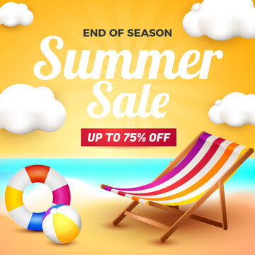 summer sale banner for social media flyer with 3d beach element cartoon style