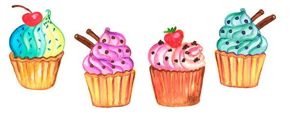  Hand painted in watercolor. Coffee, cake, marshmallow, cherry, bun, blueberry, strawberry.Cakes, love heart,strawberry cupcakes.