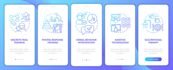 Therapy for autism onboarding mobile app page screen. Pivotal response training walkthrough 5 steps graphic instructions with concepts. UI, UX, GUI vector template with linear color illustrations