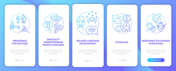 Aspergers signs onboarding mobile app page screen. Difficulty understanding feelings walkthrough 5 steps graphic instructions with concepts. UI, UX, GUI vector template with linear color illustrations
