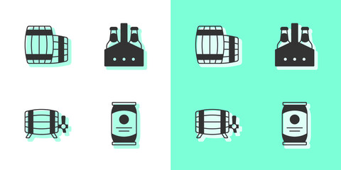Set Beer can, Wooden barrel, and Pack of beer bottles icon. Vector