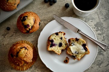Blueberry muffins and coffee for breakfast