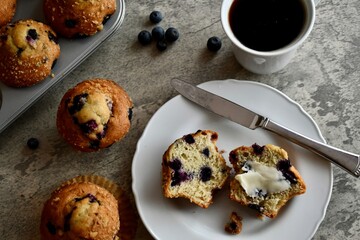 Blueberry muffins and coffee for breakfast