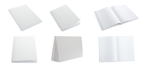 Set with blank paper brochures on white background. Mockup for design