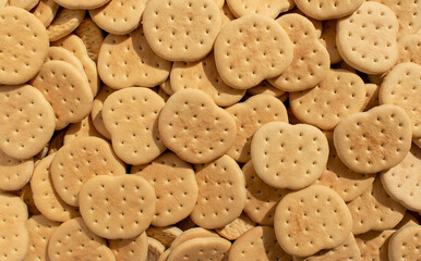 Background made of many plain cookies. Small tasty crackers.