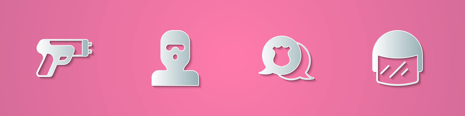 Set paper cut Police electric shocker, Thief mask, badge and helmet icon. Paper art style. Vector
