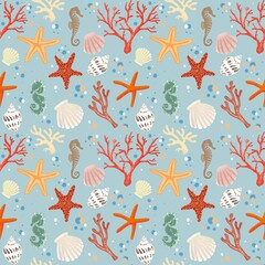 A seamless pattern of sea nature - starfish, seahorse, shells