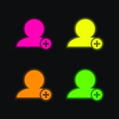 Add People Interface Symbol Of Black Person Close Up With Plus Sign In Small Circle four color glowing neon vector icon