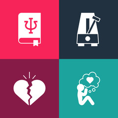 Set pop art Head with heart, Broken or divorce, Metronome pendulum and Psychology book, Psi icon. Vector