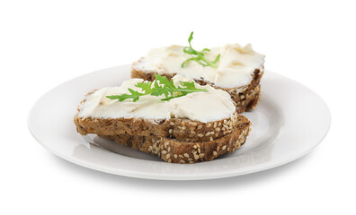 Bread with cream cheese and arugula on white background