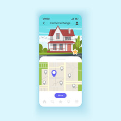 Exchanging houses for holidays smartphone interface vector template. Discovering new places. Mobile app page design layout. Apartment swapping screen. Flat UI for application. Phone display