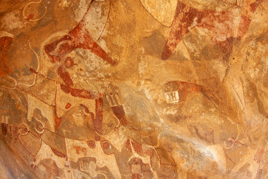 Ancient rock painting of longhorn cattle. In Laas Geel, Somaliland, Africa