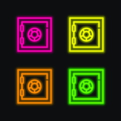 Bank Safe Box four color glowing neon vector icon