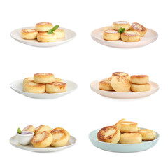 Set with delicious cottage cheese pancakes on white background