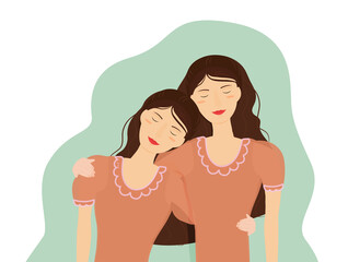 Vector illustration of two young women with the same appearance or twins hugging each other. Concept of self-care and support oneself. Isolated on a transparent background.