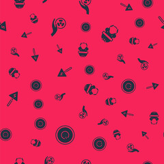 Set Power button, Radioactive, High voltage sign and Nuclear reactor worker on seamless pattern. Vector