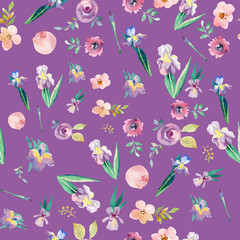 Fototapeta na wymiar Watercolor irises and roses on a purple background seamless pattern for fabric wrapping paper wallpaper