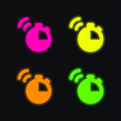 Alarm Clock four color glowing neon vector icon