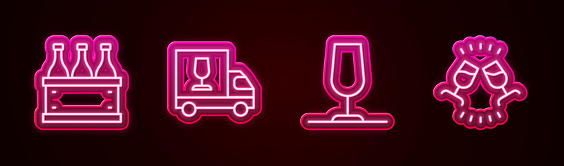Set line Bottles of wine in box, Wine truck, glass and tasting, degustation. Glowing neon icon. Vector
