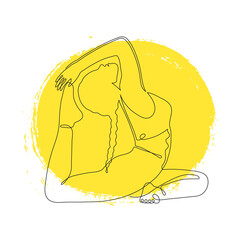 Hand drawn flexible yoga girl in the pigeon pose, one line art, with abstract yellow spot. Stylized continuous outline.Woman does exercise against the sun for health and harmony of soul.Doodle,vector